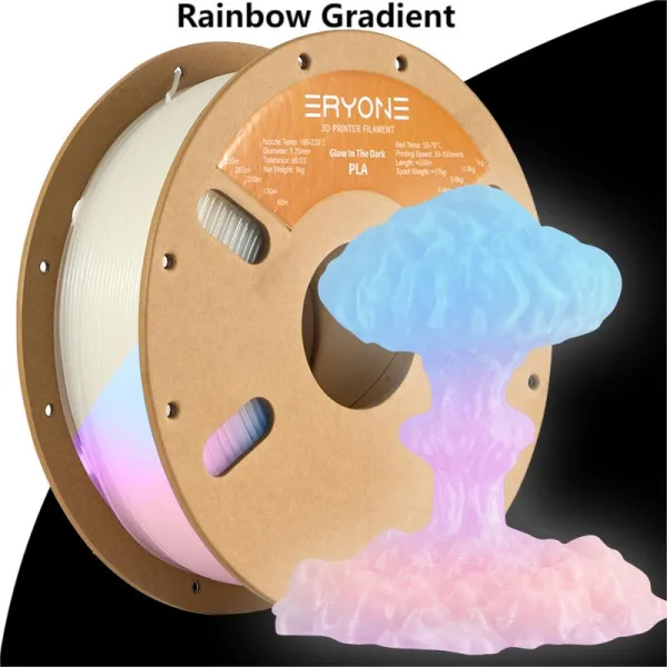 ERYONE Glow-in-the-Dark Rainbow PLA Filament for 3D Printers, 1kg Spool, 1.75mm Diameter