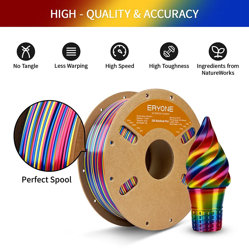 ERYONE Silk Twist Psychedelic Rainbow PLA Filament – Red, Yellow & Blue | 1.75 mm, 1 kg - Image 5