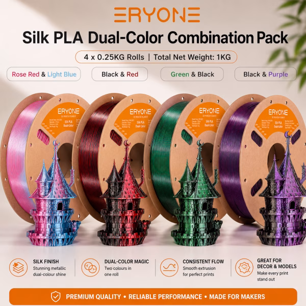 ERYONE Dual-Color Silk PLA Filament Pack – 4x 250g Rolls (1kg Total)