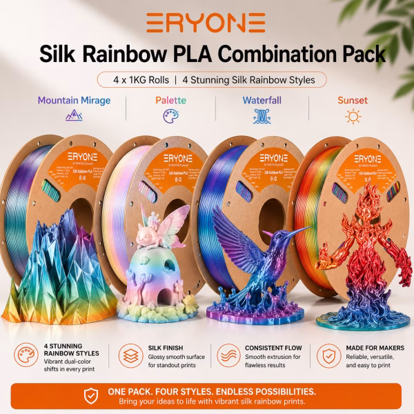 ERYONE Silk Rainbow PLA 3D Printer Filament Pack 1kg – 1.75mm (4×250g)
