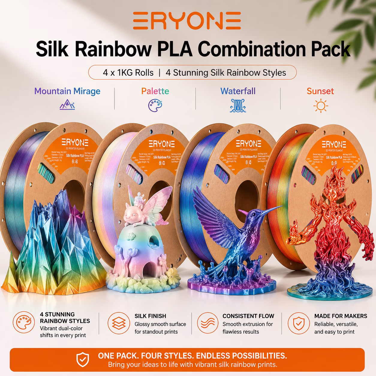 ERYONE Silk Rainbow PLA 3D Printer Filament Pack 1kg – 1.75mm (4×250g)