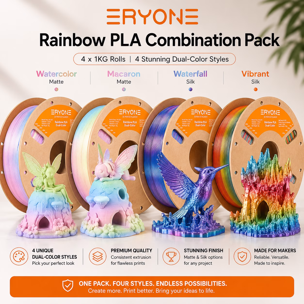 ERYONE Rainbow PLA 3D Printer Filament Pack 1kg – 1.75mm (4×250g)