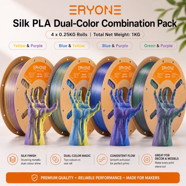ERYONE Dual-Color Matte PLA Filament Pack – 4x 250g Rolls (1kg Total)
