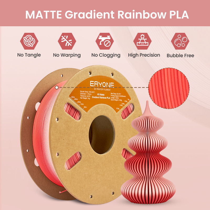 ERYONE Hyper Speed Matte Gradient Rainbow PLA Red Velvet 3D Printer Filament 1kg – 1.75mm - Image 5