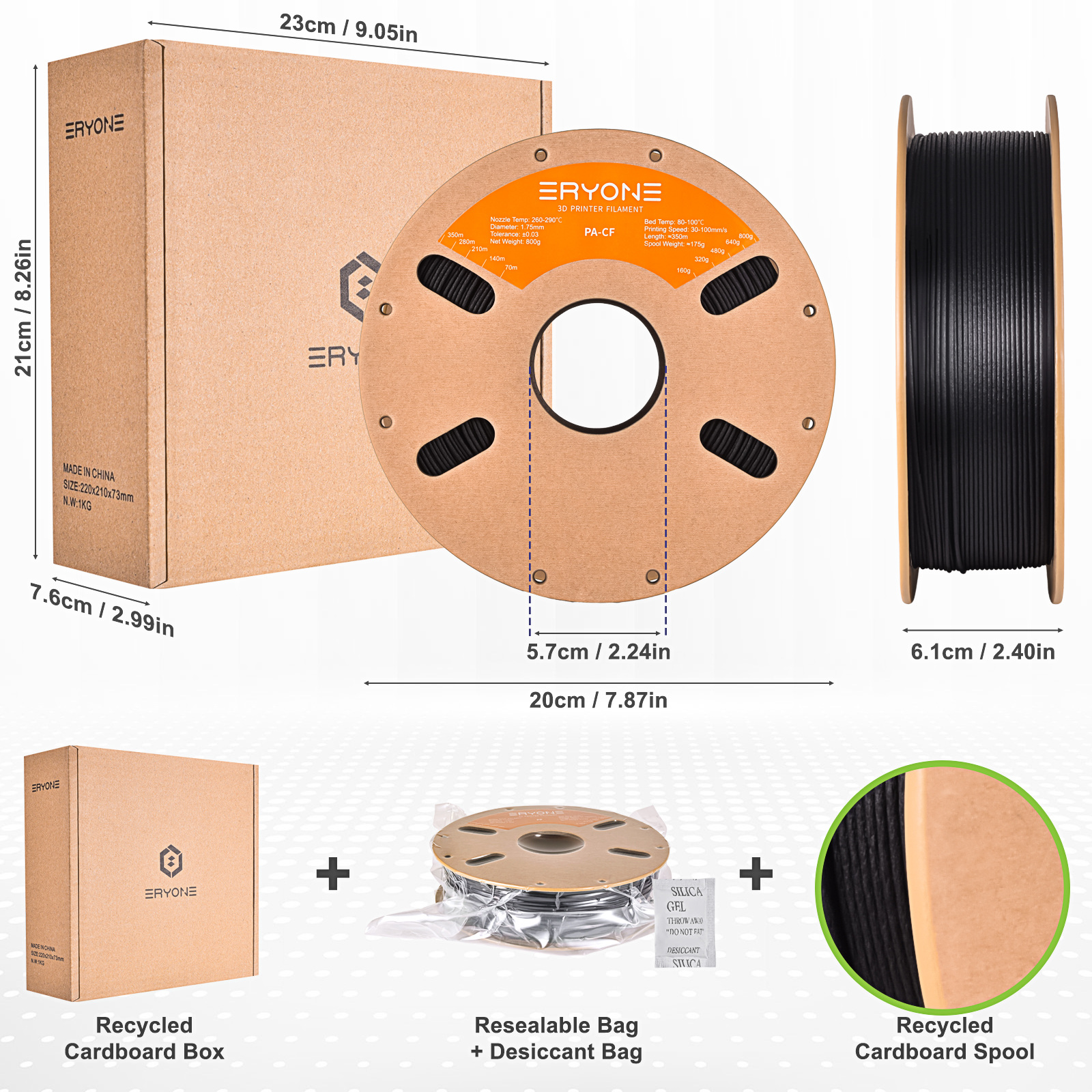 ERYONE Nylon CF (PA12-CF) Black 3D Printer Filament 800g – 1.75mm - Image 3