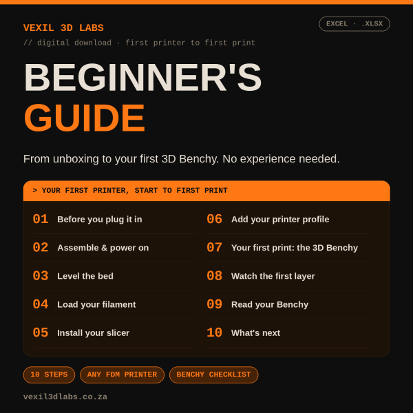 3D Printer Beginner's Guide - From Unboxing to Your First 3D Benchy (Excel)